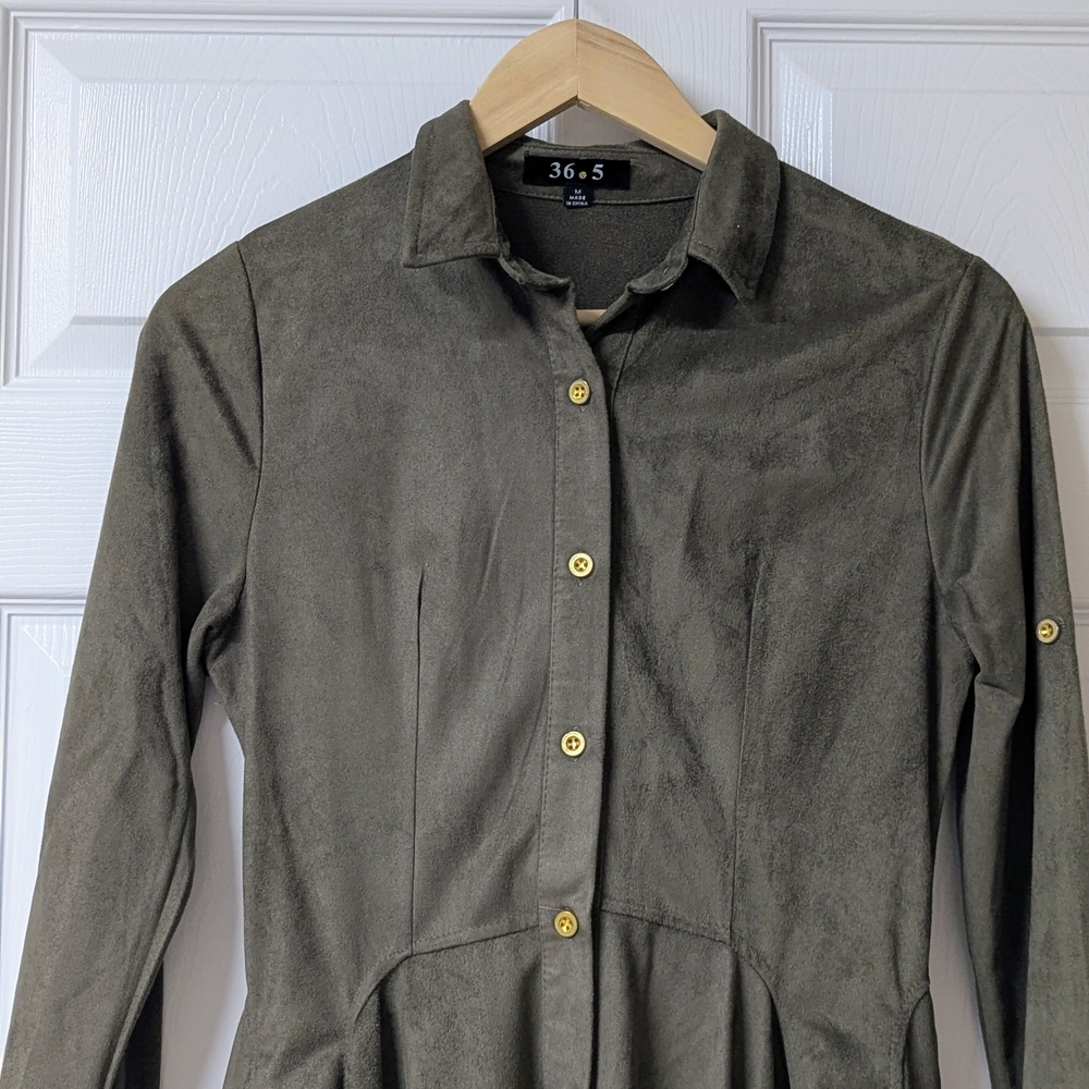Women's Olive Green Button-Front Flared Suede Shirt Dress - Picture 3 of 14